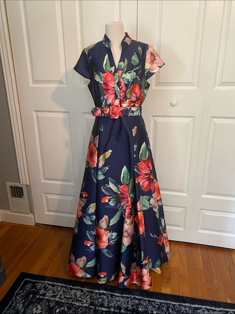 Adrianna Papell Navy Floral Maxi Dress with Belt